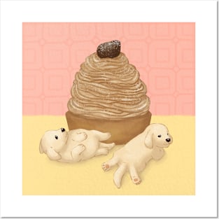 Cute Golden Retriever and Dessert Illustration Posters and Art